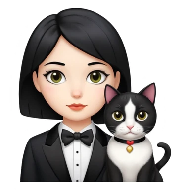 A girl with short black middle parted  hair parted in the middle, fair skin, and a tuxedo cat. sticker