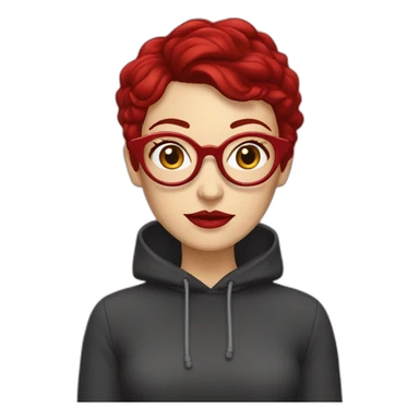 white woman with dark red pixie cut and big red glasses red lips wearing red hoody sticker