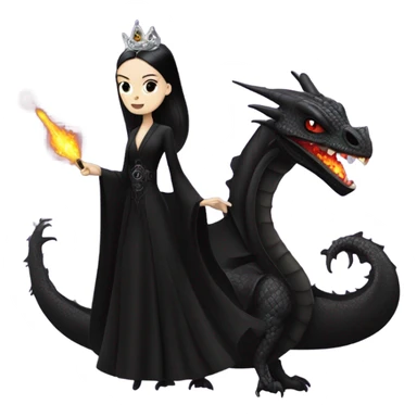 Lavish Victorian evening gown, young Morticia Addams Jedi wearing a mini tiara, riding on the back of a very large black shiny evil-looking fire-spewing horned dragon sticker