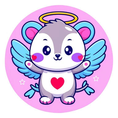 adorable possum with angel wings and halo, surrounded by stars and hearts, Lisa Frank colors sticker