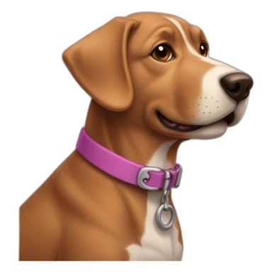 a purple dog with a brown nose and a pink collar with a bone happy  sticker