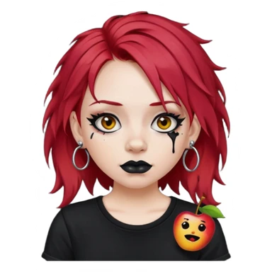 apple style emoji of a fair-skinned girl with messy cherry red hair, wearing a black t-shirt, black eyeliner, black lipstick, septum piercing, and multiple ear piercings sticker