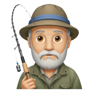 old fisherman with gray beard, fishing rod and hat sticker