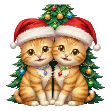 2 hazel green eyed cute hugging laughing fluffy gold twin kittens with Santa hats by a colorful multicolored brightly lit up Christmas trees wearing gold gem chains sticker