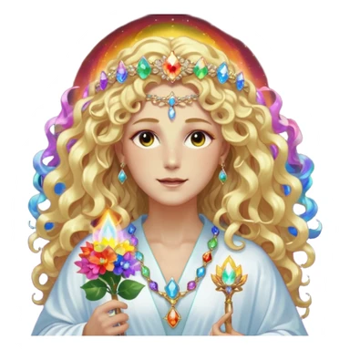 a being made of light pleidian nordic long faces and curly huge thick blond hair but beautiful features of light wearing jewels and a rainbow halo like a saint arount her a robe on made of light and gem  transparent belly dancer and who is lanky holding a bouquet of crystal flowers on rainbow fire sticker