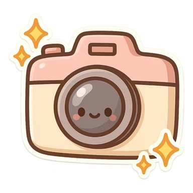 chibi sticker-style camera with sparkles, cute and exaggerated sticker