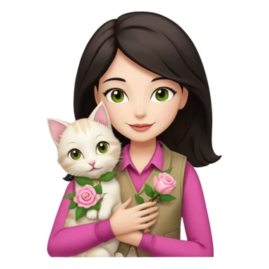 Make me an iphone avatar sticker of a woman with slightly brown black wavelength hair, dark brown eyes, slightly yellow white skin, pink lips, brown clothes and cream vest with a rose flower motif who is smiling and hugging a white kitten with green eyes. sticker