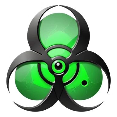 Minimalist emoji-style sticker of a fractured biohazard symbol with a small eye in the center. Stylized, geometric, no text.
 sticker