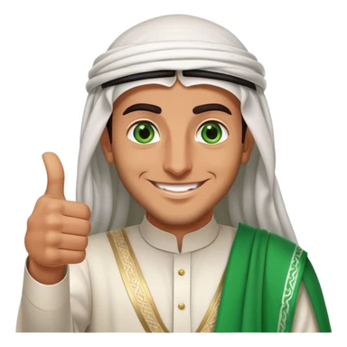 Tanned Arab Saudi man with green eyes, wearing an agal and traditional attire, smiling happily and giving a big thumbs-up sticker