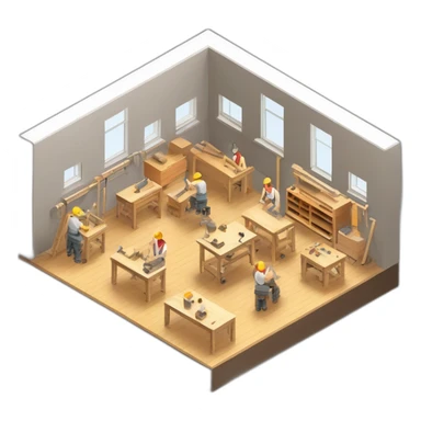 isometric square solid outline border containing indoor creative workshop handmade woodworking factory people actively working cnc machine tools simple clean industrial brutalist sticker