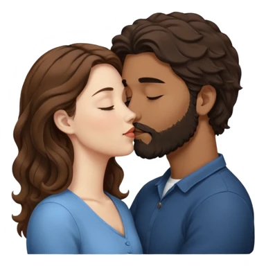 The woman is kissing the forehead of the man, side profile, White woman (brown hair with eyes closed) and brown man with black wavy hair (has a a beard with his eyes closed too). sticker