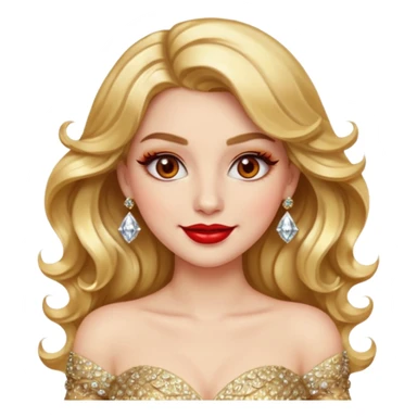 “Emoji girl, glamorous smile, shimmering gold eyeshadow, bold red lips, voluminous waves, dramatic lashes, wearing diamond earrings and gold gown.” sticker
