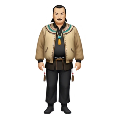 unhealthy steven segal standing render-entire-body balding with ponytail. pot belly.  visible-legs native american style jacket-with-tassles black pants big belly sticker