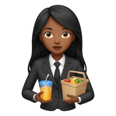 dark long haired woman with suit holding food container sticker