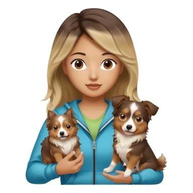 An Asian lady with long balayage hair with blonde highlights, in a brown gym outfit, holding a mini Australian shepherd  sticker