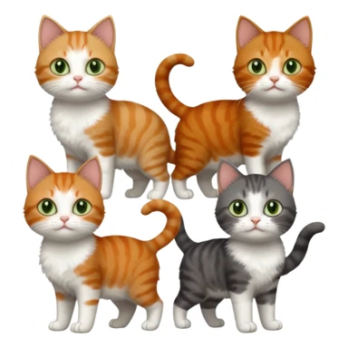 full body of 3 tiny short hair cats including a dark grey and white cat with green eyes, a ginger and white with orange eyes and a brown tabby and white with hazel eyes sticker