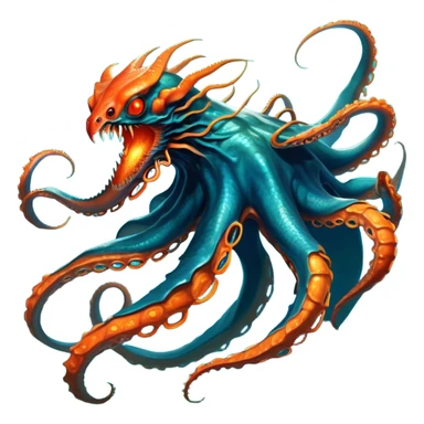 Create a fearsome aquatic titan that combines the orange dragon-octopus hybrid's flexible tentacles and predatory nature with the teal-blue metallic dragon's armored body and fiery breath, resulting in a multi-limbed leviathan with a segmented exoskeleton of shimmering teal-blue plates covering its upper body and tentacles, glowing orange-red eyes, a dragon-like head that spews molten energy, and the ability to seamlessly transition between deep-sea ambush predator and surface-world destroyer capable of both constricting prey with its armored tentacles and unleashing devastating elemental attacks.. full body, only the creature sticker