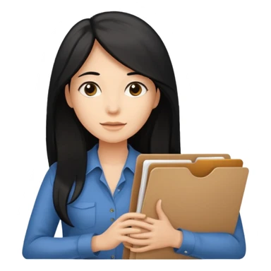 a light tan woman with long black hair past mid-back, round brown eyes and manila folder in her hands sticker