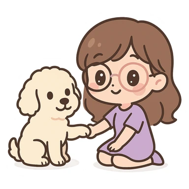 chibi style brunette female with glasses in a purple outfit with her large white or cream colored goldendoodle, the dog is giving her a paw sticker