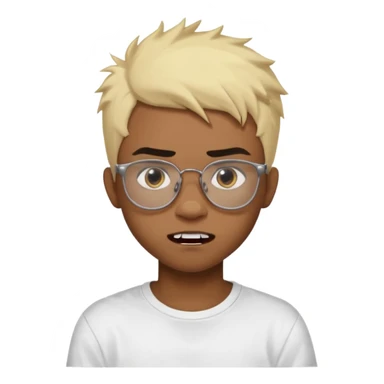 Black Male Teenager with Short punk messy blonde hair, Dark brown bushy eyebrows large expressive golden-brown eyes, wearing a plain white t-shirt, wearing glasses, Dark Brown skin color. vampire tooth sticker