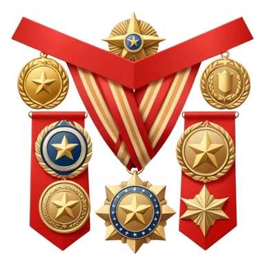 Icon for Collecting Orders, Medals & Badges: a variety of vintage orders, medals and badges, displayed neatly on a big red pennant. The icon should reflect the honor and historical significance of these collectible items. Transparent background. sticker