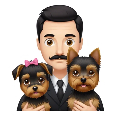 Tall white man with dark hair mustache goatee, and short pale woman with black hair bun, and a yorkshire terrier dog sticker