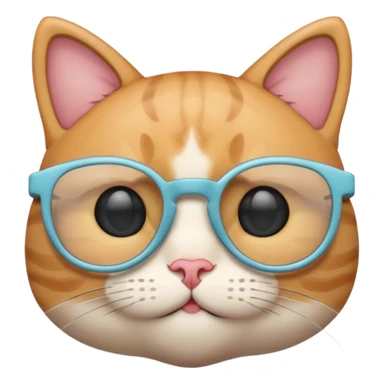 A cute cat emoji wearing geek-chic glasses, minimal design, simple shapes, soft pastel colors, clean vector style, centered composition, emoji style, smooth lines, subtle shadow, high resolution, transparent background, PNG format, no background sticker