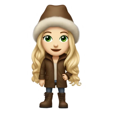 Realistic White girl with Long straight blonde hair, green eyes, tattoos, full body wearing Brown fur coat and fur hat and Brown leather boots, doing cute pose sticker
