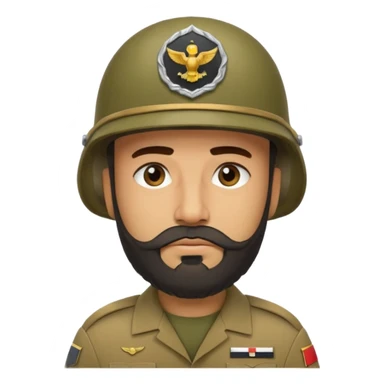 tired Iraqi military, in a helmet, with a beard sticker