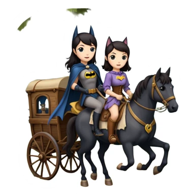  Rustic wood detailed 1854 Batman driving and pretty dark-haired Catgirl riding a horse drawn huge Caravan alone together on a romantic trail in the woods  sticker