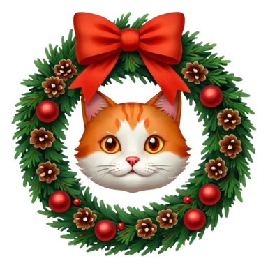 A Christmas wreath made entirely of fir trees, decorated with a red bow at the bottom, pine cones and Christmas tree balls, and a cat poking its face through the hole in the center. sticker