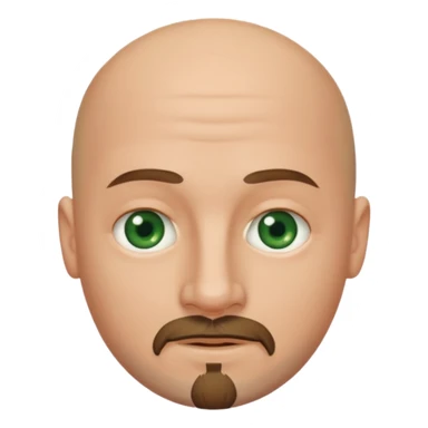 white caucasian bald man's face, with brown  round goatee and dark green eyes, oval face, rounded, big, little eyes a small smile,  sticker