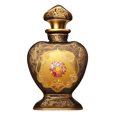 An antique perfume bottle in oriental style, oil perfumes inside, sequins and flowers flying around sticker