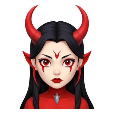 Head only: demon girl, 100% red skin, long black hair, small horns, sharp cheekbones, serious eyes, full lips, pointed ear; centered, no body, no text. sticker