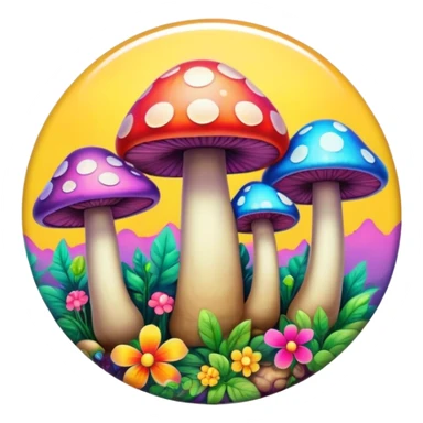 A round psychedelic colored button with bezeled edges and colorful hippie style mushrooms sticker