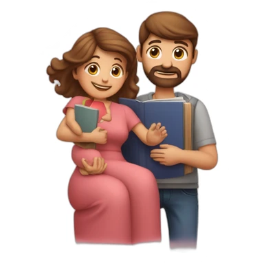 Padre y madre con melena por los hombros con un hijo de 6 años y un libro en la mano sticker