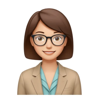 clean emoji-style avatar of a smiling woman with glasses, short brown hair, and a blazer, friendly minimal look, soft colors, plain or lightly colored background, modern vector illustration style for startup websites sticker