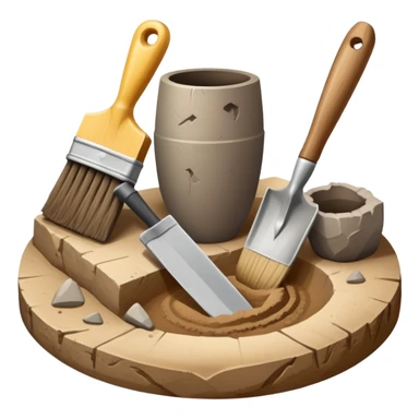 An icon showing an archaeologist’s tools: a trowel, brush, and a partially uncovered ancient artifact like a vase or tablet. The design includes a sandy excavation site with ruins in the background, symbolizing the discovery of past civilizations. Transparent background  sticker