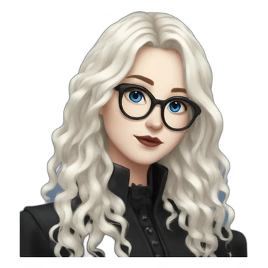 full length girl in a black coat and goth black boots, glasses, blue eyes, white skin, curly black long hair and aristocratic high cheekbones sticker