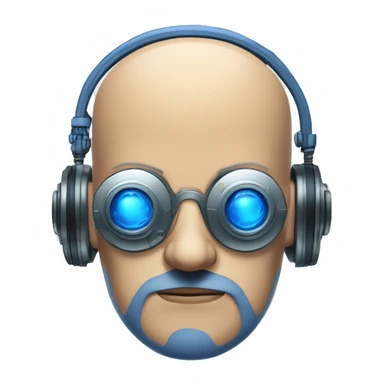 Fat bald cyborg head with tan skin, blue beard, blue steampunk goggles and circuits sticker