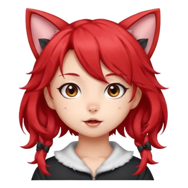very cute anime cat-girl with small cat ears, red blowing hair sticker