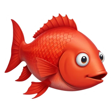 extremely derpy red fish with bulging eye and goofy buck teeth, perfect flat side profile facing right, exactly 90 degrees, completely 2D like a paper cutout, only one eye visible, absolute side view sticker