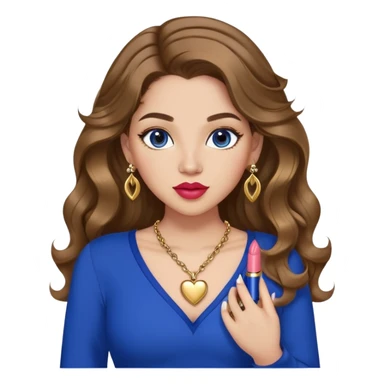 Light skinned girl, long wavy brown hair center-part with face framing pieces, big hazel eyes, gold heart necklace and earrings, royal blue long sleeve top, prominent blush, sassy, big lips, fancy long acrylic nails done, holding lipstick. She is curvy sticker