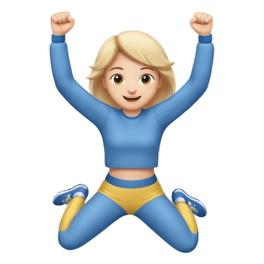 Emoji-style person jumping with fist up, excited expression, rounded cute style, soft shading, sticker