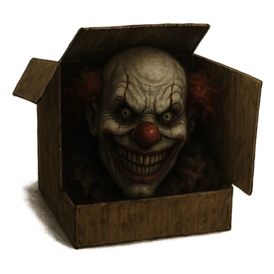 disturbing clown face visible from inside a shipping box, unsettling smile, horror style sticker