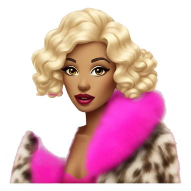 glamorous brightly made-up blonde in a fur coat with long pink nails and big lips sticker