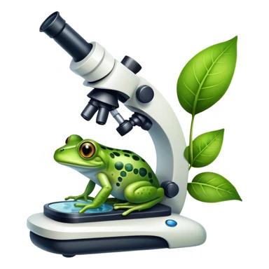 An icon featuring a DNA strand, a microscope, and a green leaf, symbolizing biology. The design includes animal cells, plant structures, and a frog, representing the study of living organisms and ecosystems. Transparent background highlights life sciences and biological research. sticker
