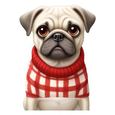 full white pug wearing a red and white checkered sweater sticker