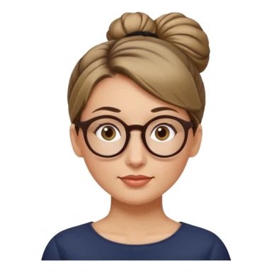 femme de 38 ans avec des cheveux blond foncé sans mèche devant, un chignon haut, yeux bruns, lunettes rondes sticker