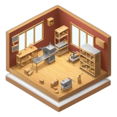 isometric square transparent solid outline border containing indoor creative workshop handmade woodworking factory people actively working cnc machine tools simple clean industrial sticker
